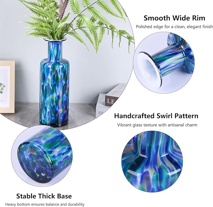 LCCCK 13" Tall Glass Vase Pretty Hand Blown Glass Vase, Unique Colorful Flower Vases for Bouquet, Modern Sea Art Decorative Vase for Home Living Room Kitchen Bathroom Dining Table Centerpieces