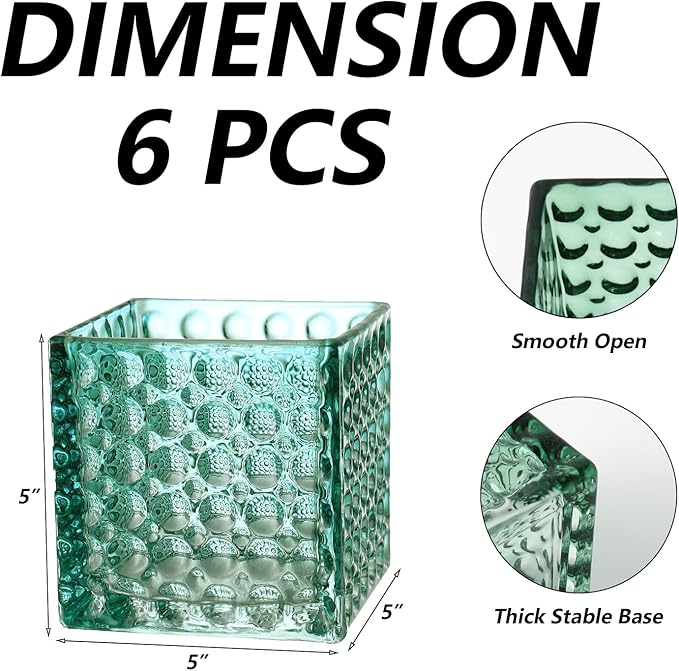 Square Vases Set of 6, 5" x 5" x 5" Square Glass Vases for Flowers, Green Flower Vase for Centerpieces, Small Bubble Vase for Wedding, Party, Home, Office, Parties, Events