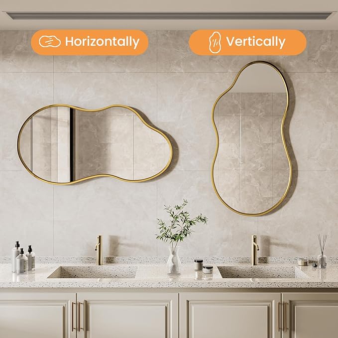 20”x 36” Gold Irregular Wall Mirror, Bathroom Asymmetrical Mirror, Metal Framed, Tempered Glass, Decorative Mirrors for Bathroom Bedroom Living Room Entryway (Horizontal/Vertical)