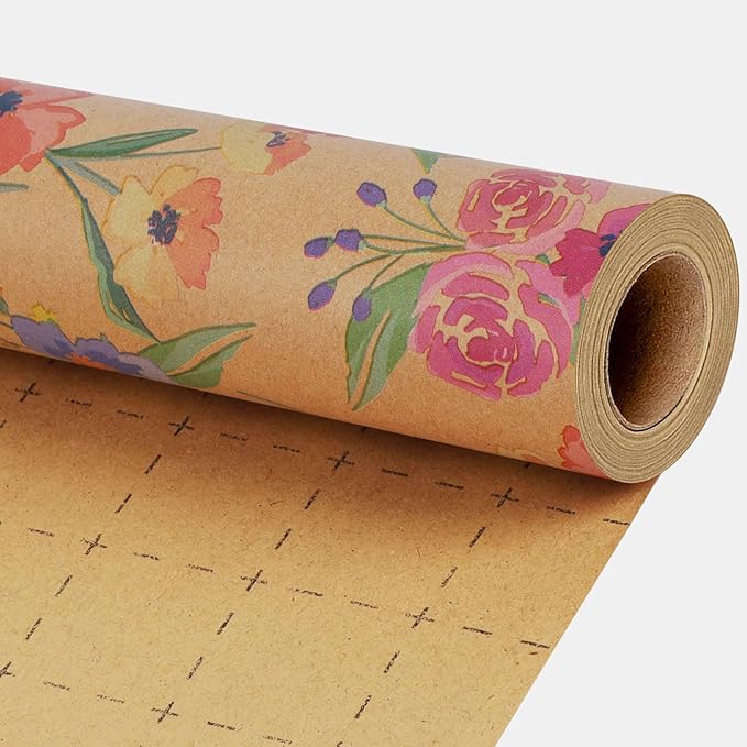 BIOBROWN Kraft Floral Wrapping Paper Roll - 17 Inches X 33 Feet (47 sq. ft. ttl.) Vintage Boho Rose Design Flower Gift Wrap for Wedding, Bridal Shower, Mothers Day, Holiday