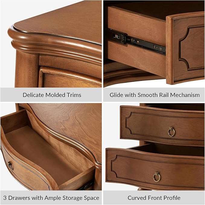 HULALA HOME Traditional Side Table with 3 Drawers, Tall Side Table with Curved Front Profle Desgin, Charging Station, Solid Wood Legs, Walnut