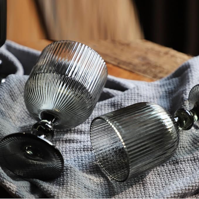 12 Pcs Vintage Wine Glasses, 11 Ounces Colored Glass Water Goblets, Unique Embossed Pattern High Clear Stemmed Glassware Wedding Party Bar Glass Drinking Cups Fancy Glasses Vertical Line Grey Set