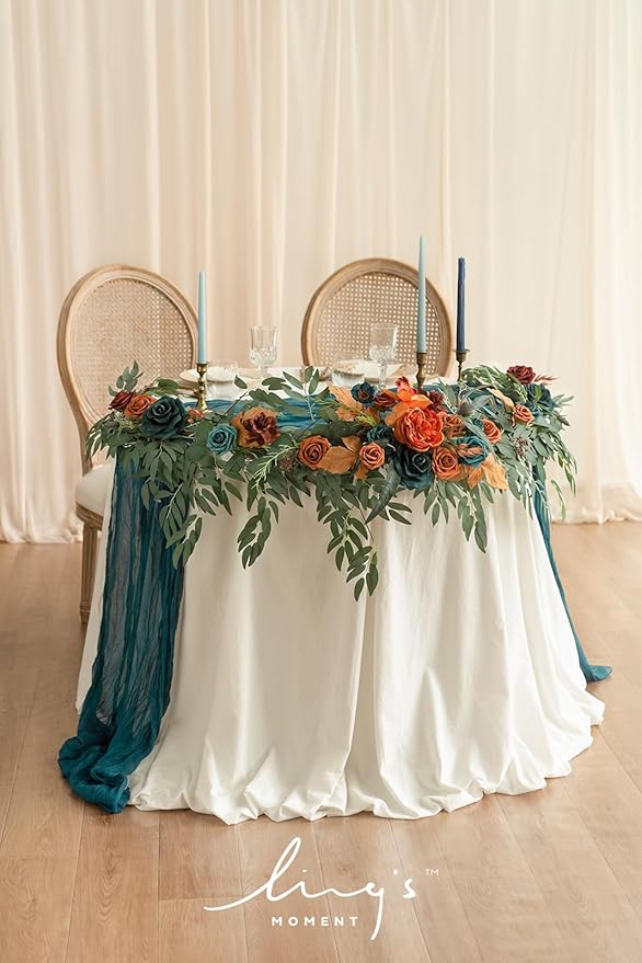 Ling's moment Flower Garland - 6FT Eucalyptus & Rose - Sweetheart Table Decor for Wedding Reception, Artificial Floral Garland for Mantle, Christmas Decoration, Dark Teal & Burnt Orange