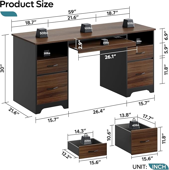 Bestier 59” Computer Desk with 4 Drawers, Office Desk with Storage, Industrial Executive Desk with File Drawer, Keyboard Tray & 2 Pedestals for Home Office & Studio, Cherry