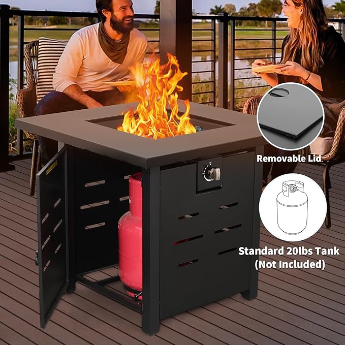 WAROOM Outdoor Propane Fire Pit, 28 Inch Patio Firepit Table with Fire Glass, and Waterproof Cover, for Outside Parties and Gatherings on Patio Garden Backyard Porch