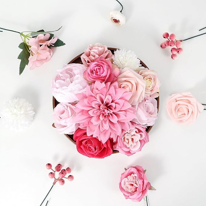 Artificial Flower Box Set – Faux Floral Bouquet for Party&Table Centerpieces, Realistic Pink Flowers Artificial for Home & Wedding Decoration,Bulk Fake Flowers with Stems