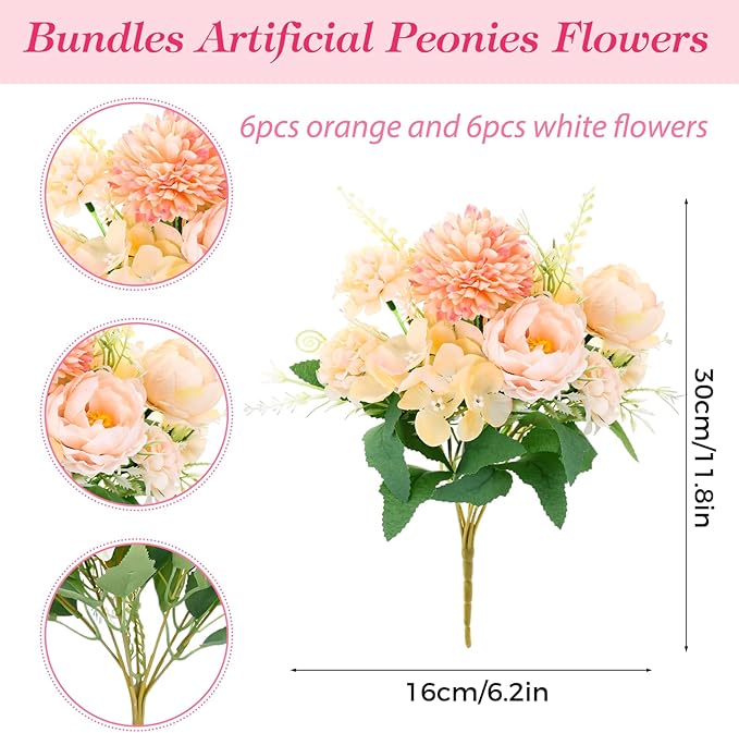 12 Bundles Peonies Artificial Flowers Silk Flowers Fake Peony Bouquet Faux Peonies Flowers Bulk for Wedding Decor Centerpiece Table Decorations (Orange White)