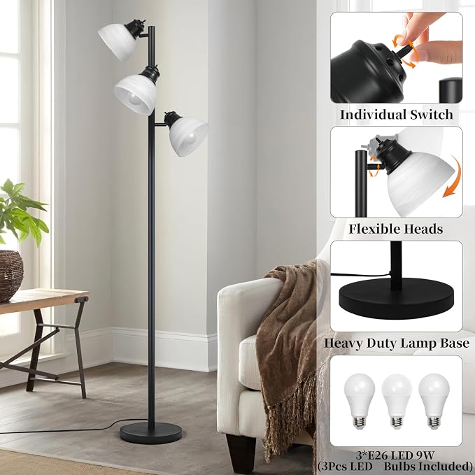 3 Light Tree Floor Lamp with Glass Shades, 3 Bulbs Included, Adjustable Black Industrial Standing Lamp for Living Room, Bedroom, Office, E26, Weighted Base