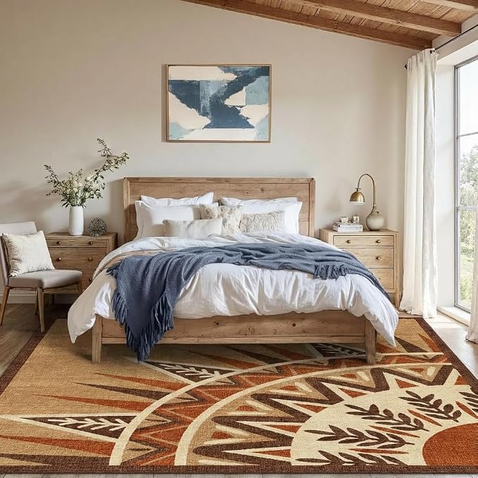 5x7 Bohemian Sun Totem Area Rug - Non-Slip Washable Low Pile, Warm Sand Brown with Deep Rust & Cream Pattern Carpet for Bedroom, Living Room, Dining Area, Home Office