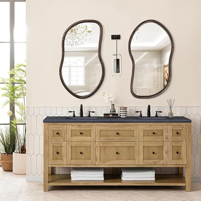 Asymmetrical Wall Mirror Rustic Brown Farmhouse Irregular Mirrors Wood Framed Mirror for Wall Wall Mirrors Decorative Hanging Mirrors for Wall Living Room Bedroom Entryway