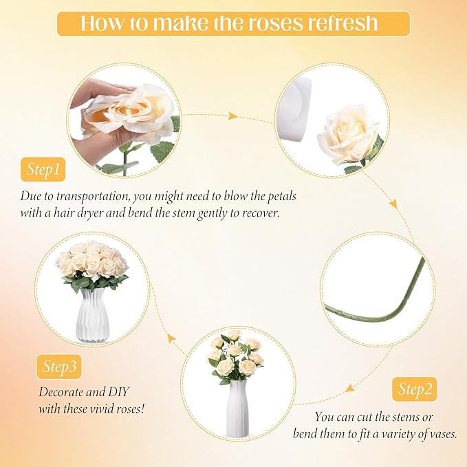 Hotop 20 Pcs Artificial Rose Flowers with Long Stem,Real Touch Silk Realistic Plastic Bouquet Roses Bulk for Home Decor Bridal Wedding Party Table Centerpieces Decorations(Champagne)