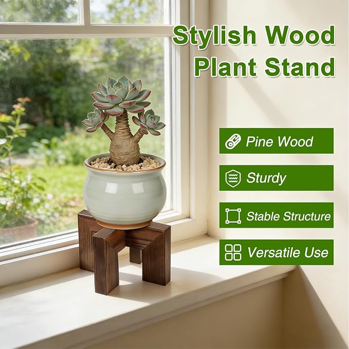 Wood Plant Stand Indoor Outdoor, Mid Century Modern Planter Holder, Sturdy Plant Pot Stand, Single Floor Flower Pot Holder (Walnut, Fit 2.5-6 Inch Pots)