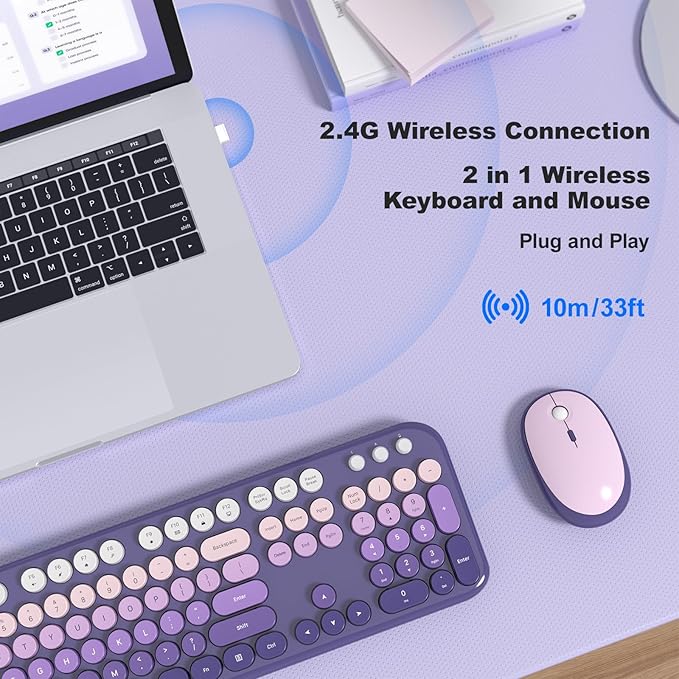 Wireless Keyboard and Mouse Combo, MOWUX Colorful Computer Full Size 2.4G Plug and Play Wireless Typewriter Keyboard and Mouse Set for Computer, Desktop, PC (Purple Gradient)