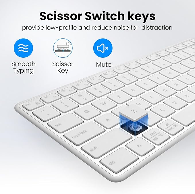 Bnnwa Wireless Bluetooth Keyboard Stainless Steel Multi-Device Full Size Keyboard with Numeric Keypad Low Profile Silent Cordless Keyboards Quiet Typing for Computer/Windows/PC/Laptop(Silver White)
