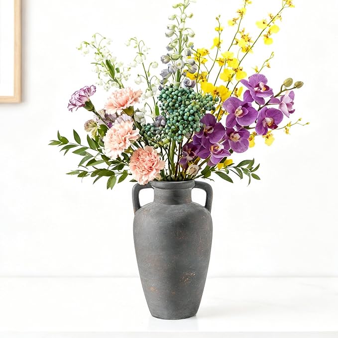 Rustic Ceramic Vase - 11.41 inch Tall Vase for Centerpieces, Boho Decor Decorative Vases with 2 Handles for Home Decor, Terracotta Vases for Farmhouse Living Room Shelf Table