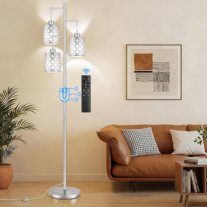 Dimmable Floor Lamp, Farmhouse Standing Lamp with Elegant Metal Cage, Industrial Tall Tree Floor Lamps for Living Room, Bedroom, Study Room, Office, 3 x 1100LM LED Bulbs Included,72",Silver