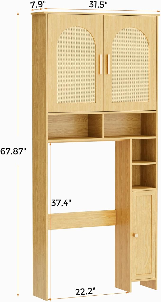 Homhedy 67" H Over The Toilet Storage Cabinet, Boho Bathroom Organizer with Rattan Decorated Doors, Adjustable Shelves, Toilet Paper Holder, Space-Saving Bathroom Shelf for Small Spaces, Natural