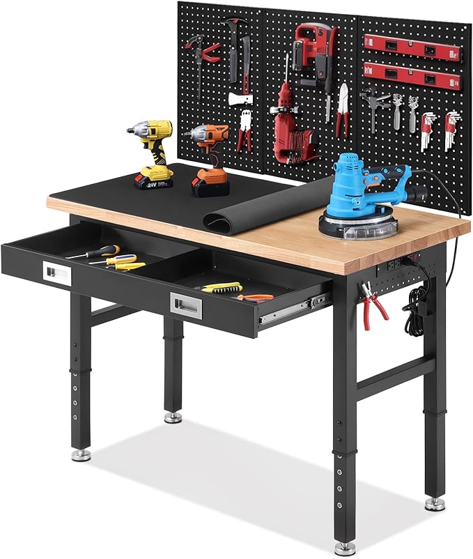 Work Bench with Storage Adjustable Workbenches with Drawer for Garage 48 Inch Rubber Wood Top Garage Workbench with Pegboard, Power Outlets for Woodworking,Home, Office, Workshop