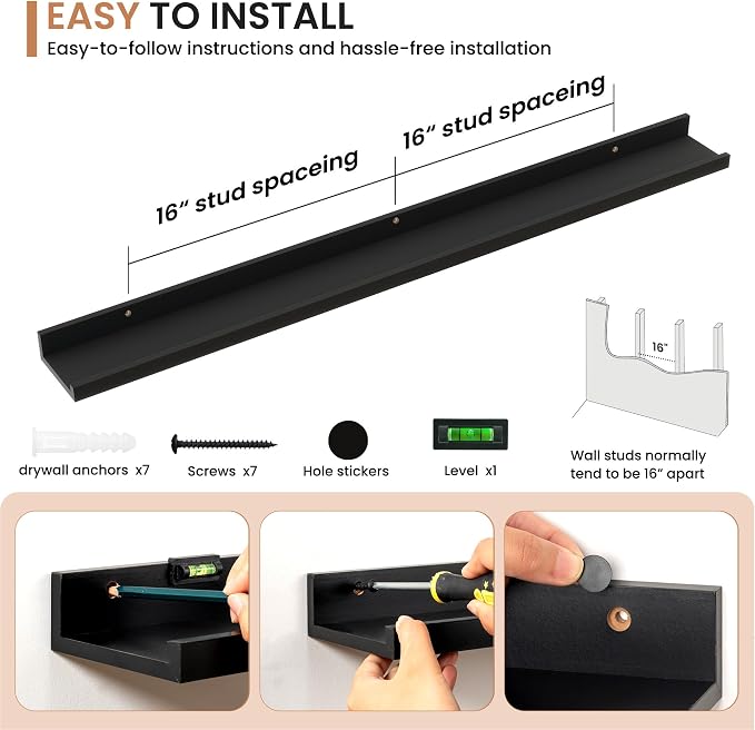 Dreamland Picture Ledge Shelf for Wall, Floating Shelves Set of 2, 48 Inch Long Floating Shelves with Lip for Living Room, Bedroom, Bathroom, Kitchen, Black