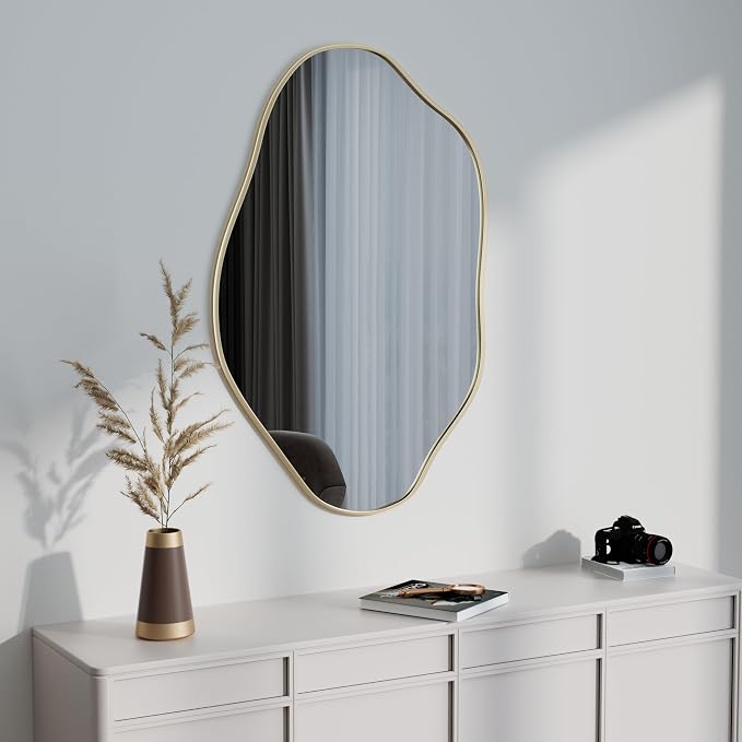 24"x36" Irregular Wall Mirror Cloud Asymmetrical Shaped Gold Aluminum Alloy Framed Mirror for Living Room Bathroom Bedroom Entryway Fireplace