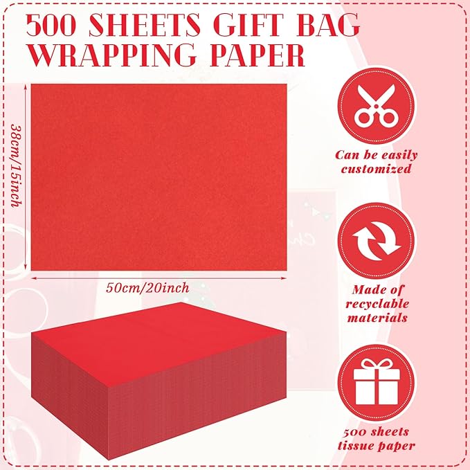 Qilery 500 Sheets Christmas Red Tissue Paper Bulk for Gift Bags 15 x 20 Inch Acid Free Decoupage Packaging Wrapping Paper Sheets for Christmas Decoration DIY Crafts, China para Piñatas, Wedding Party