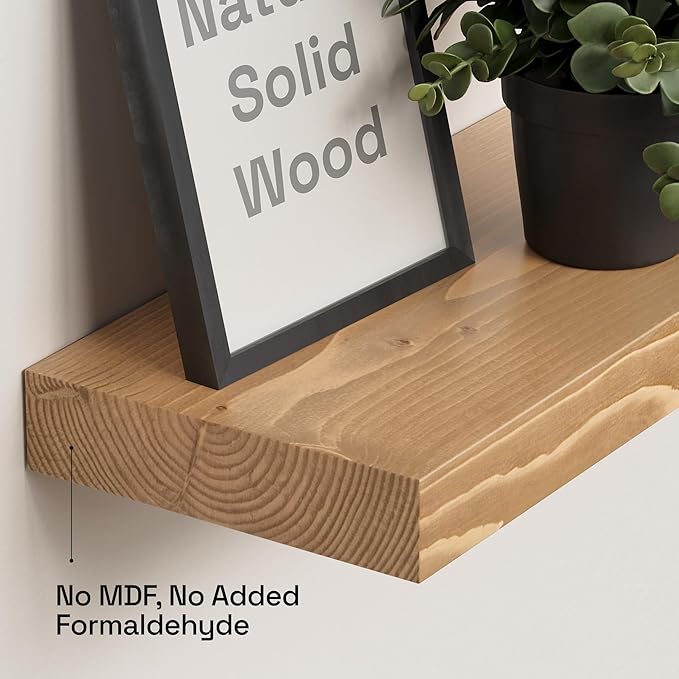 BAOBAB WORKSHOP Natural Wood Floating Shelves for Wall 16 inch - Floating Wall Shelves for Kitchen Bedroom - Wooden Bathroom Shelves - Floating Shelf - Oak Finish, 16W x 6.7D, Set of 2