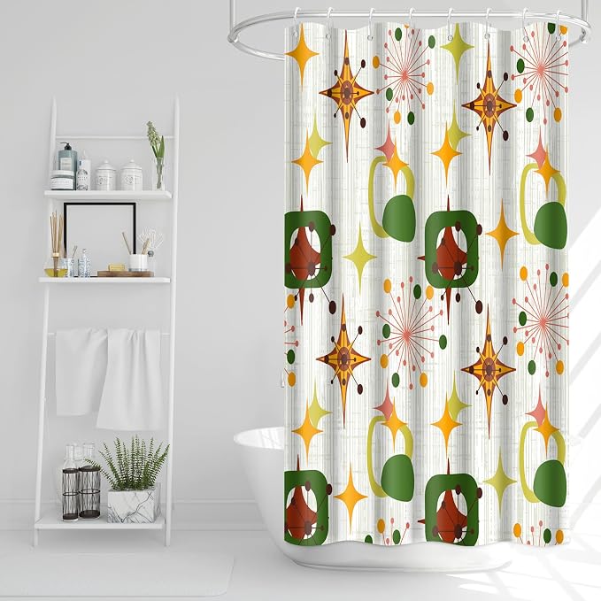 Mid Century Shower Curtain, 36x72inch, Modern Abstract Retro Green Striped Geometric Shower Curtain Sets 1950s Boho Bathroom Shower Curtain with 6 Hooks