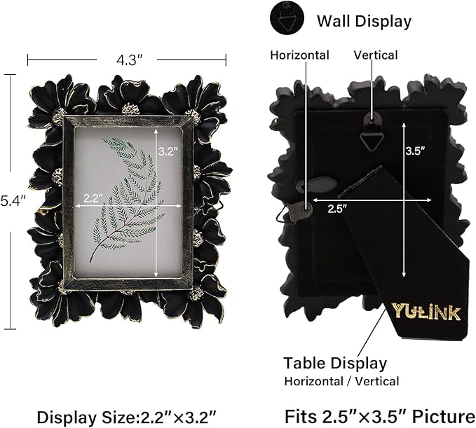 2.5x3.5 Small Vintage Picture Frame, Tiny Antique Black Ornate Photo Frame, for Tabletop and Wall Display, Decorative Floral Design Retro Home Decor, Old Fashioned Photo Gallery Art