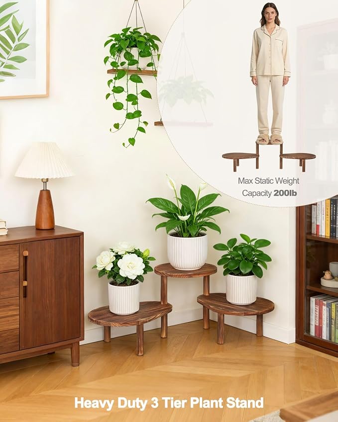Convex Corner Plant Stand Indoor Outdoor, Wood Adjustable Plant Shelf, Long Flower Stand for Small Apartment Living Room Balcony, Carbonized Color