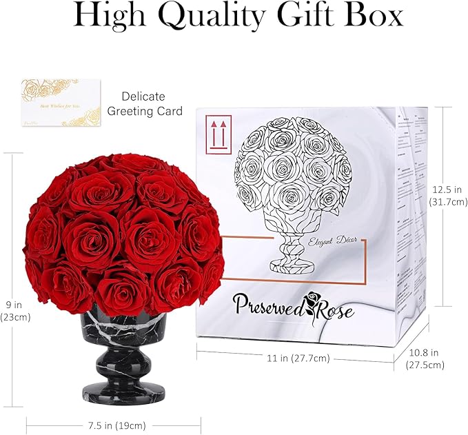 Forever Flowers Preserved Red Roses in Marble Vase, Flower for Delivery, Eternal Roses Gift for Women, Table Centerpiece Flowers for Home Decor Party Living Room Bedroom