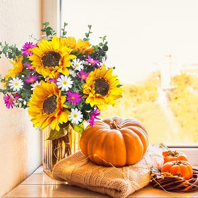 Sunflowers Artificial Flowers Bouquet, Fall Flowers Artificial for Decoration, Silk Flower Arrangements, Fake Sunflowers for Wedding Floral Arrangement Farmhouse Decor Cemetery Flowers -Yellow