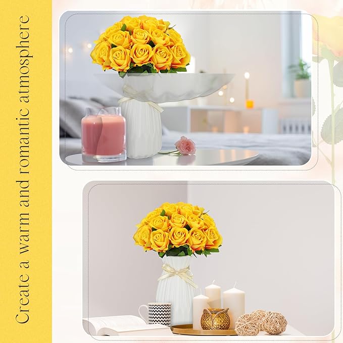 Jexine 50 Pcs Artificial Rose Flower Bulk Realistic Silk Fake Roses with Long Stem Plastic Artificial Flower Bouquet Real Looking for Home Wedding Centerpieces Party Decoration(Yellow)