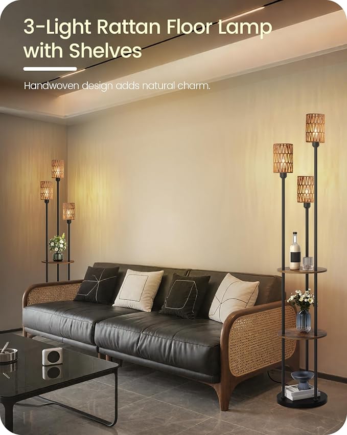 Floor Lamp with Shelves, Boho Floor Lamp with Foot Switch, 3-Light Standing Lamp, for Living Room, Bedroom, Study, Rustic Brown and Yellow YF53LD05 ﻿