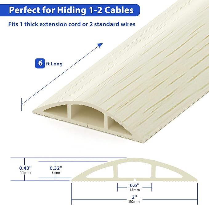 Floor Cord Cover 6ft, White Oak Wood Wire Hider Hide Extension Cords, Floor Cable Management Cover, PVC Cable Protector Cord Cavity W0.6in x H0.32in