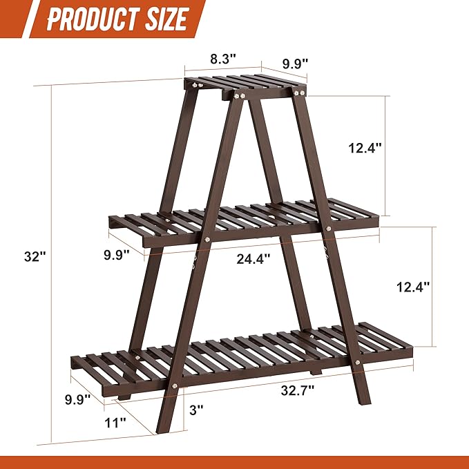 GHWIE Plant Stand Indoor Plant Shelf Outdoor bamboo Plant Rack, 3 Tiers Ladder Plant Holder Flower Stand for Living Room Balcony Garden Patio,Living Room Boho Home Decor for Gardening Gifts (Brown)