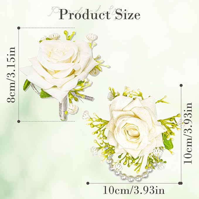 2pcs White Rose Corsage and Boutonniere Set Pearl Wristband Bracelet Artificial Corsage Brooch,Wedding Bouquet for Bride and Groom for Wedding Prom Party Corsage Wristband Flower Accessories Decor