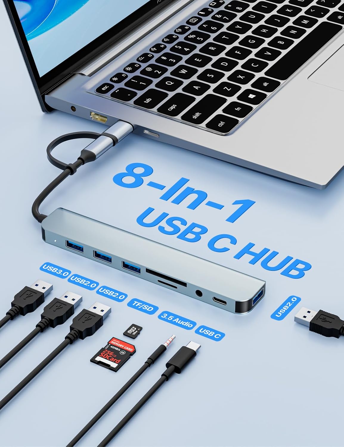 Skiennix USB C Multiport Hub Adapter - 8-in-1 Aluminum Splitter with SD/TF Card Reader & Audio Output for MacBook Pro/Air & iPad Pro