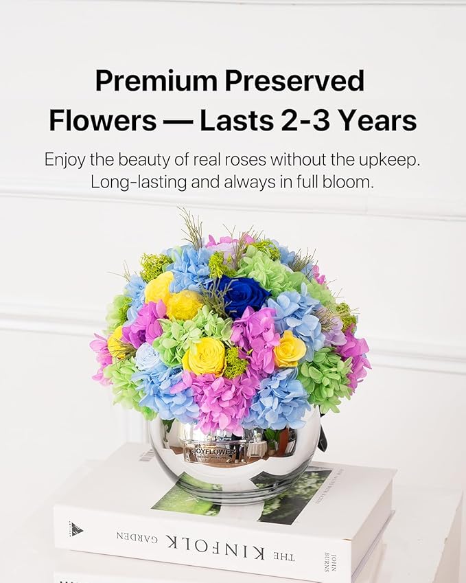 JoyFlower Preserved Flowers Vase Glass Decor, Eternal Flower Vases for Centerpiece, Forever Flower Decorations for Home Wedding Party Table Living Room Bedroom, Preserved Roses in Glass Vase(Colorful)