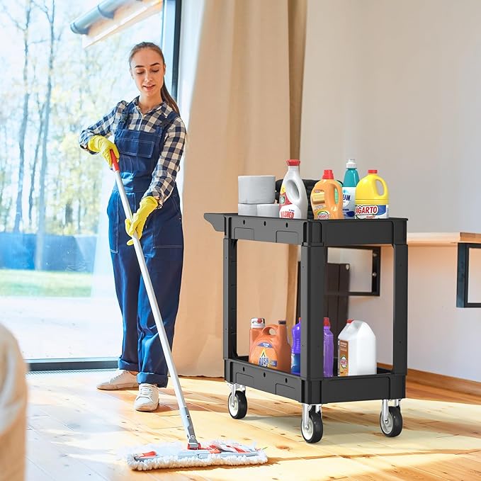 Utility Cart on Wheels, 2 Shelf Heavy Duty Plastic Rolling Cart, 550 lbs Capacity Carts with Wheels for Warehouse, Garage, School, Kitchens, Office (Black, 40.6)