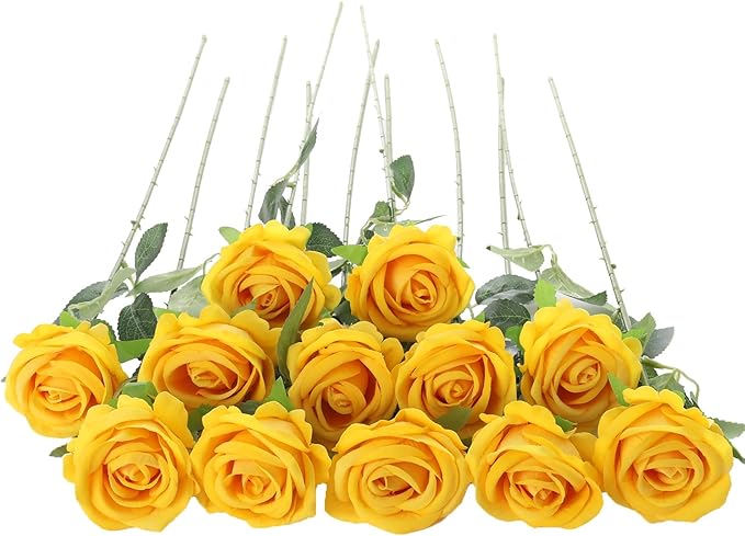 12Pcs Yellow Roses Artificial Flowers Fake Roses Faux Velvet Silk Flower for Home Wedding Decoration (Pearl Rose, Yellow)
