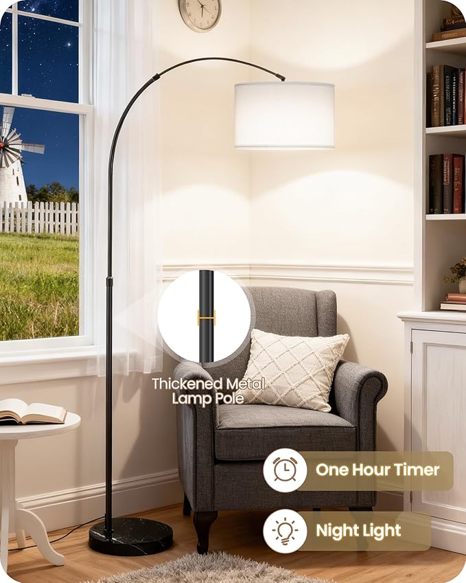 75" Arc Floor Lamp with Marble Base and Adjustable Height, Rotating Hanging Shade, Dimmable Floor Lamp for Living Room with Remote and Foot Switch, 3CCT, Over Couch Arched Light, White Shade W15LD05