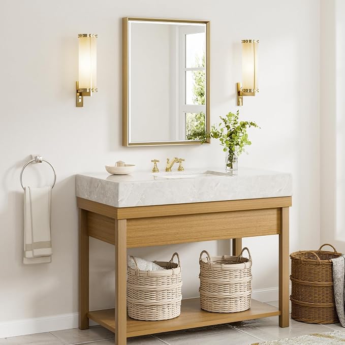 Gold Bathroom Mirror, 24x32 Brushed Gold Bathroom Mirror Beveled Edge, Gold Framed Rectangle Bathroom Vanity Mirror, Anti-Rust Brushed Brass Metal Frame Wall Mirror Vertical/Horizontal