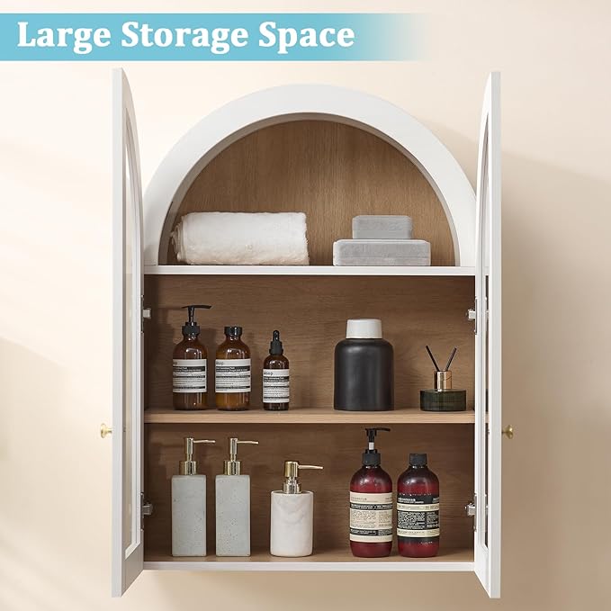 Bathroom Arched Wall Cabinet Over The Toilet Storage Cabinet, 23.6×31.4 Inch Bathroom Medicine Cabinet Wall Mount with Adjustable Shelves & Glass Door, Space Saver Wall Cabinet, White