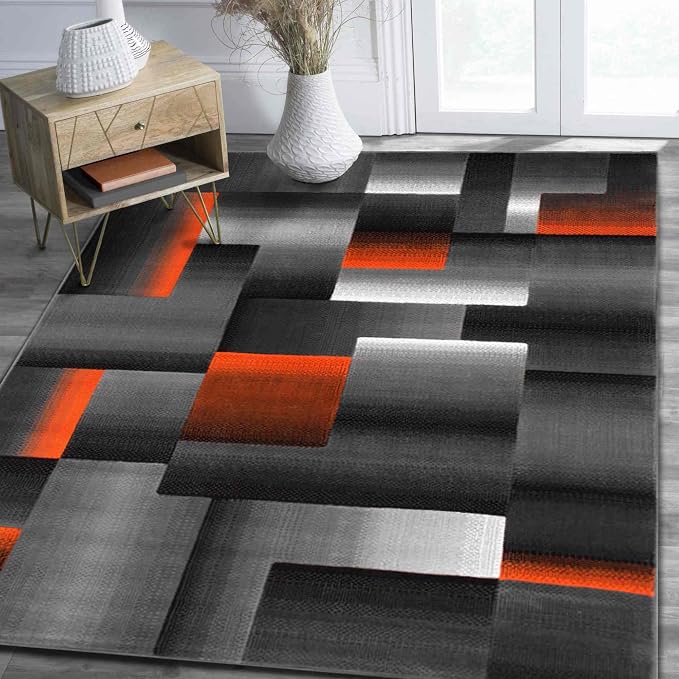 HR 5’ x 7’ Rug in Electric Orange - Premium Quality Orange/Black/Gray Abstract Geometric Modern Squares Pattern Area Rug - Contemporary Styling for Living Room, Bedroom - Unique Home Decor
