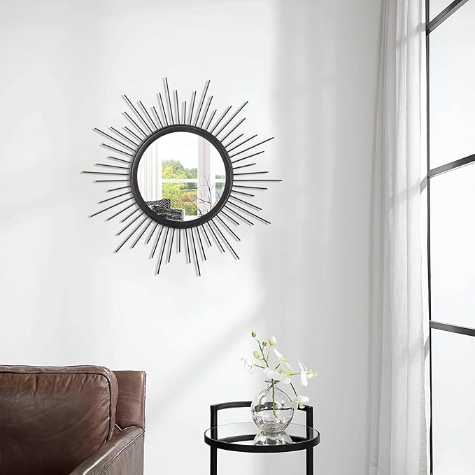 Large Sunburst Wall Mirror Boho Home Decor Round Wall Art Mirror Modern Metal Hanging Mirror Bathroom Bedroom Hallway Balcony Vanity Living Room Entryway Black 20"