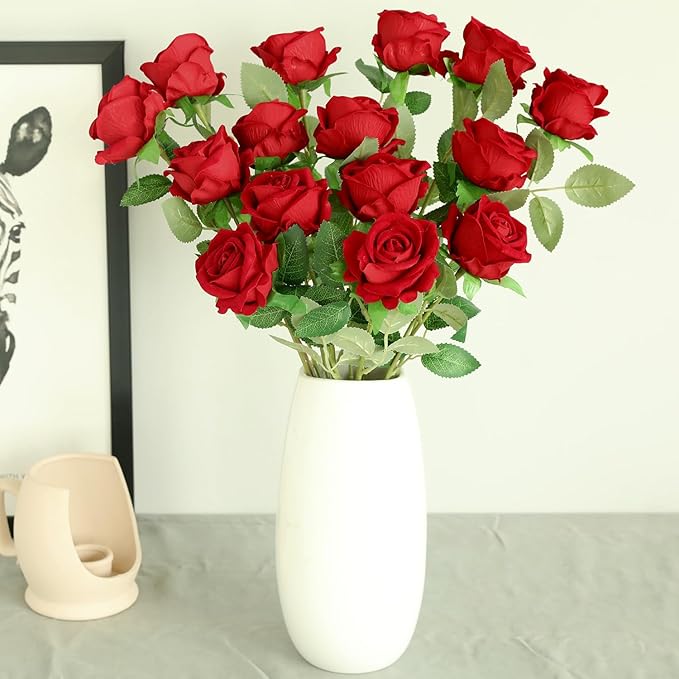15Pcs Pearl Red Roses Artificial Flowers Fake Roses Long Stem Velet Rose Silk Flowers for Home Wedding Decoration (Pearl Roses,Red)