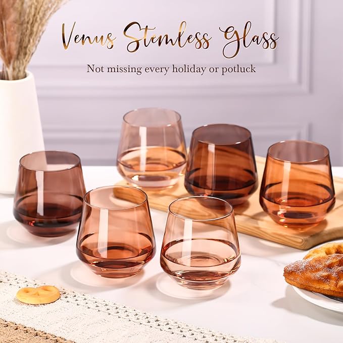 Venus Stemless Wine Glass Set of 6-14oz Wine Glasses, Stemless Drinking Glasses for Wine, Cocktails & Beverages - Elegant Glassware for Home, Bar & Holiday Use