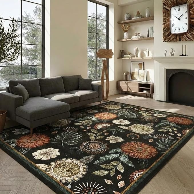 Washable 9x12 Vintage Floral Area Rug Non Shedding Living Room Large Carpet Non Slip Modern Botanical Solid Indoor Carpets Low Pile Floral Rug Soft Thin Foldable Mat for Classroom Dining Room, Black