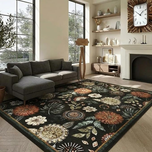 Washable 9x12 Vintage Floral Area Rug Non Shedding Living Room Large Carpet Non Slip Modern Botanical Solid Indoor Carpets Low Pile Floral Rug Soft Thin Foldable Mat for Classroom Dining Room, Black