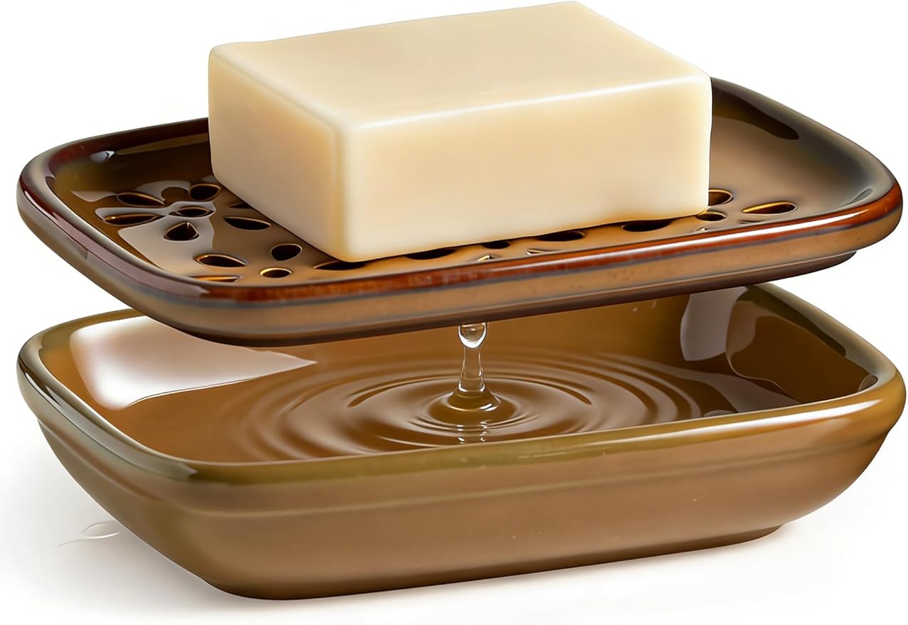 Miamolo Soap Dish with Draining Tray, Bar Soap Holder for Shower Bathroom Bathtub Kitchen Sink, Mess-Free Soap Container Saver with Non-Slip Base, Water Collection Tray Housewarming Gift, Brown